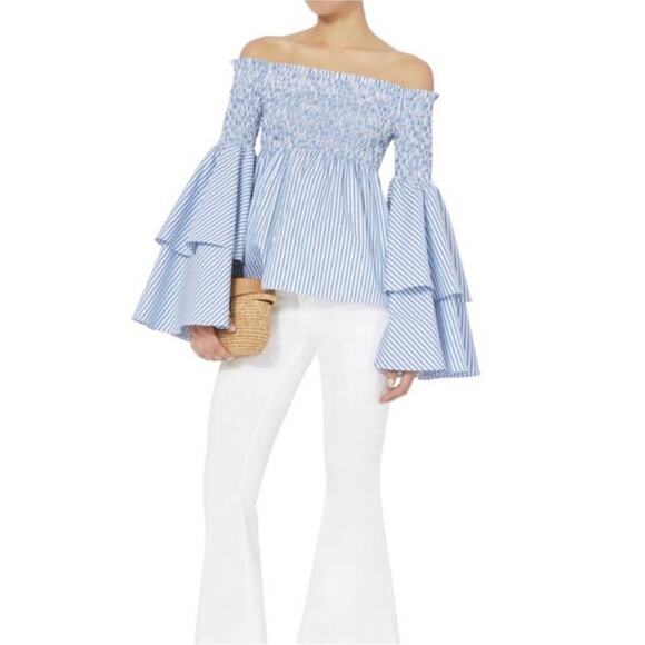 Caroline Constas Appolonia Plaid Off the Shoulder Smocked Top - Picture 3 of 16